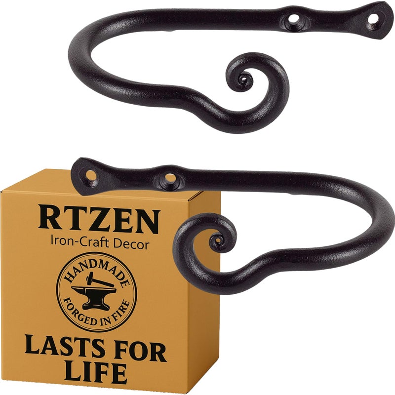RTZEN Decorative Metal Curtain Tiebacks - Farmhouse Wrought Iron Curtain Holdbacks - Drapery Holders for Wall - Unique Metal Tie Backs for Curtains - 2 Pcs (Black Classic) - Image 1